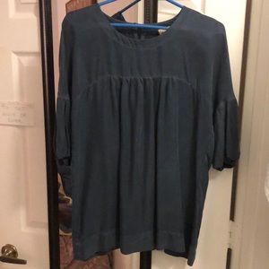 Ella Moss Navy celadon L Balloon sleeve cupro blouse NWT USA